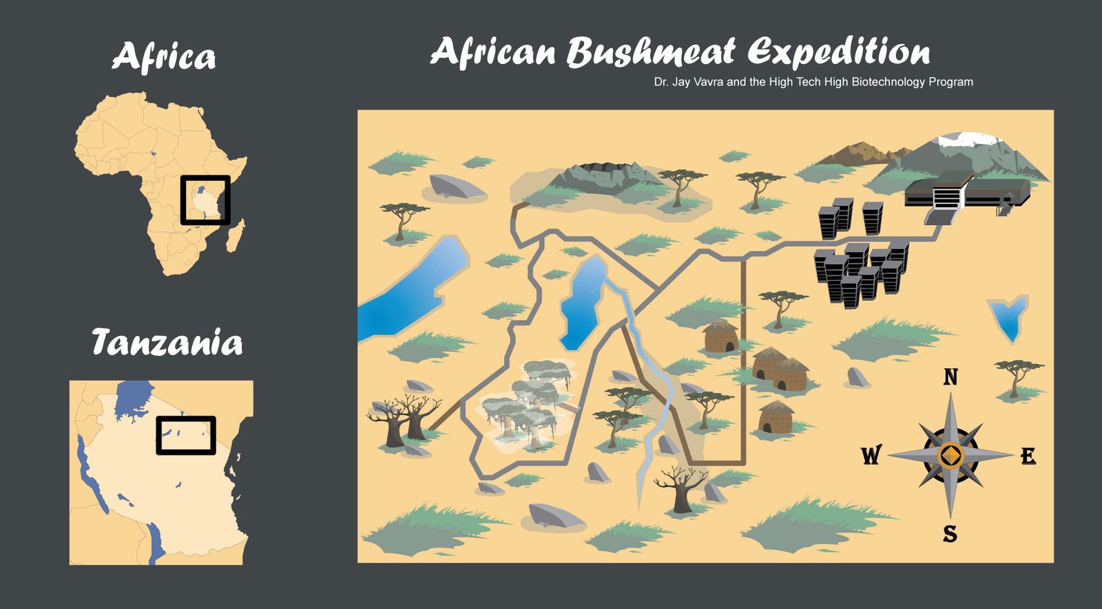 African Bushmeat Expedition Map, one of the first graphic illustrations completed for Dr. Jay Vavra's biotechnology program and his African Bushmeat Project.